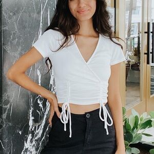 White V-Neck Surplice Ruched Adjustable Knit Top